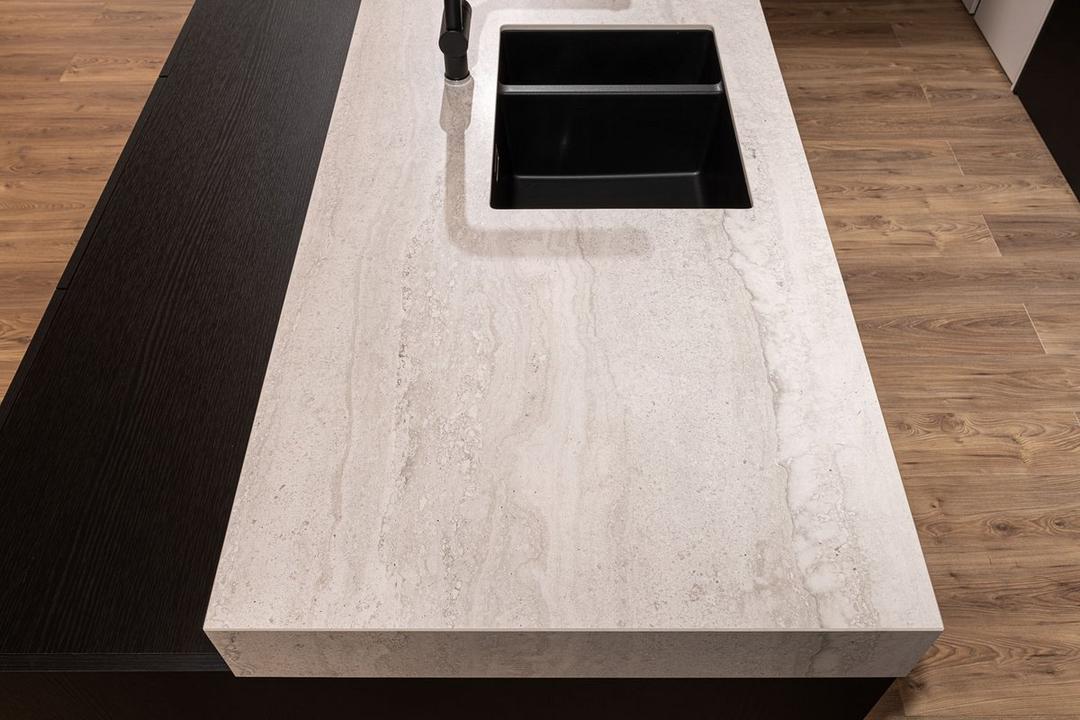 Work Top Cladding PORCELAIN WORKTOP & WALL CLADDING IN UNICERAMICA TRAVERTINO LIGHT
